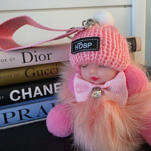 Cute Baby Sleeping Keychain with LOVE tag, Plush rabbit fur, Bag Charm - Picture 1 of 6